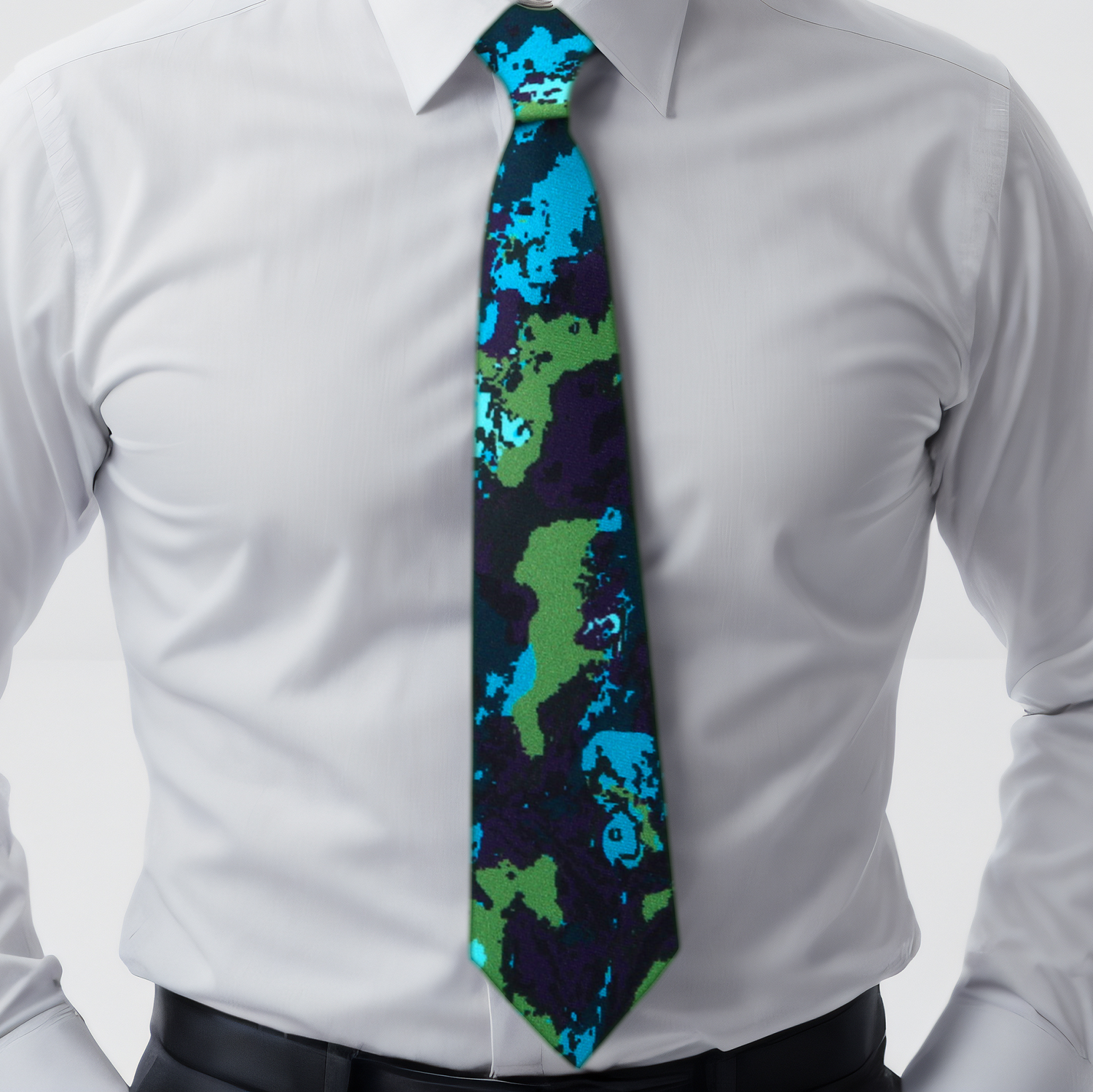 Blue, Green, Purple Ink Blot Necktie on Man Wearing White Shirt