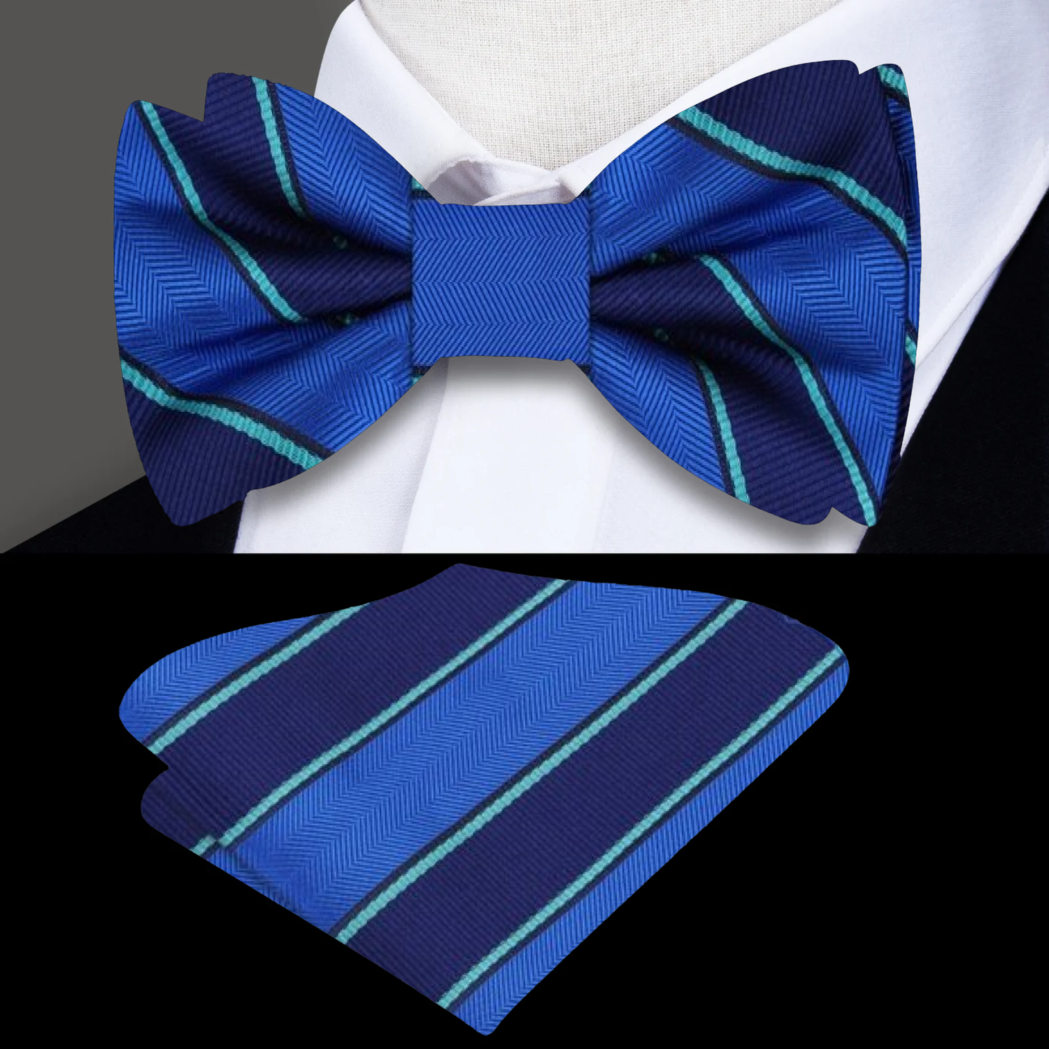 Blue Green Stripe Bow Tie and Pocket Square||Blue, Green