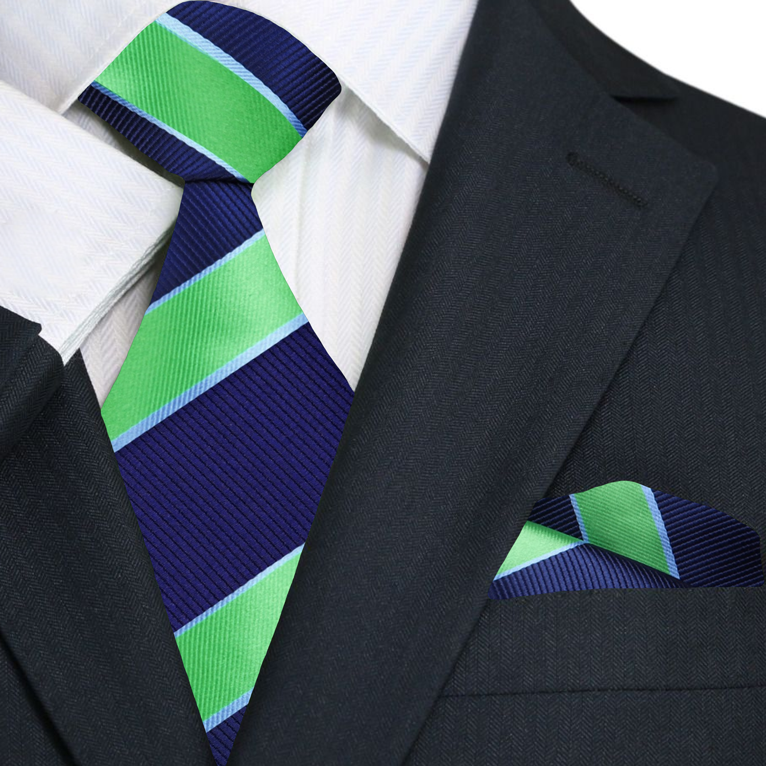 Main A Dark Blue, Bright Green Stripe Pattern Necktie, With Matching Pocket Square