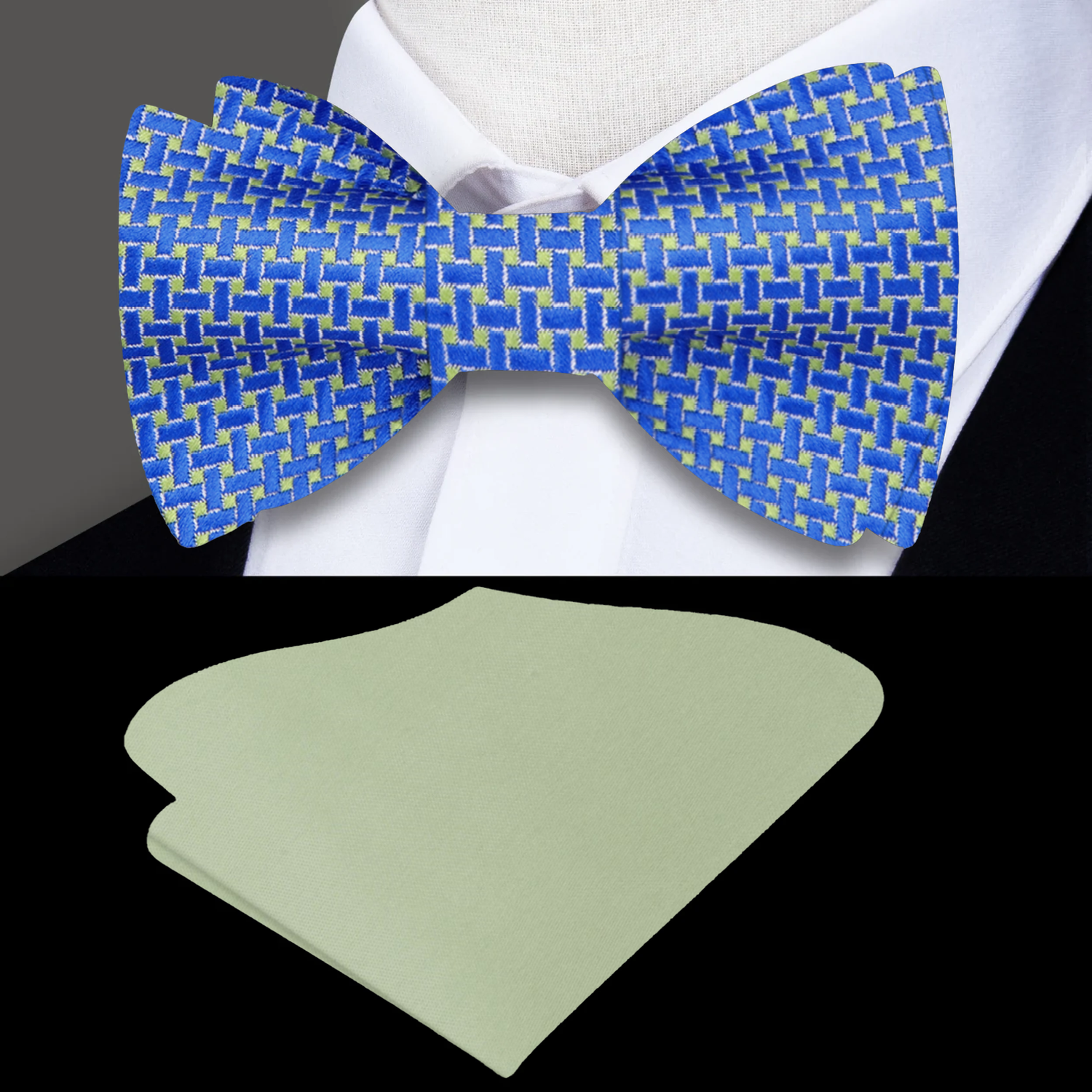 Main View: Blue and Green Geometric Bow Tie and Green Pocket Square