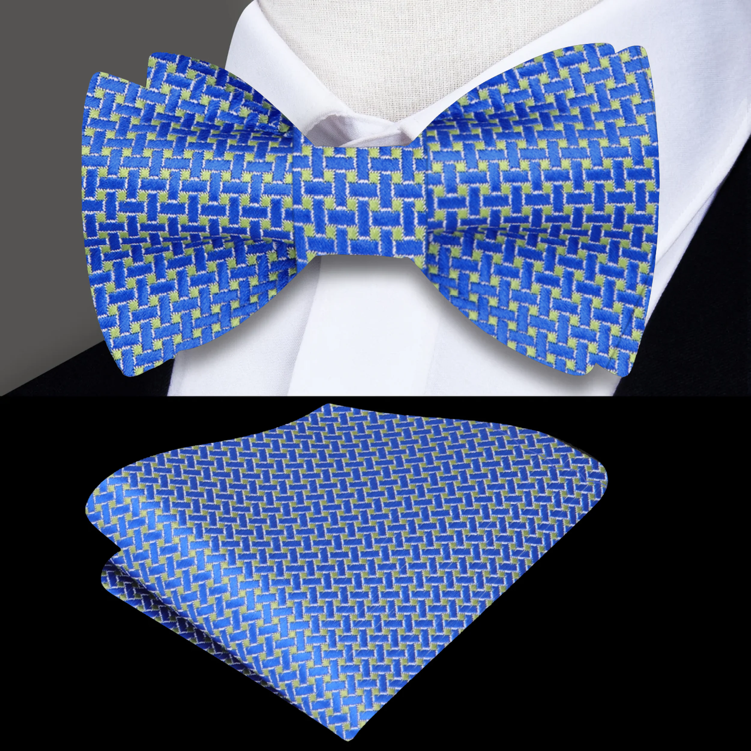 Main View: Blue and Green Geometric Bow Tie and Pocket Square