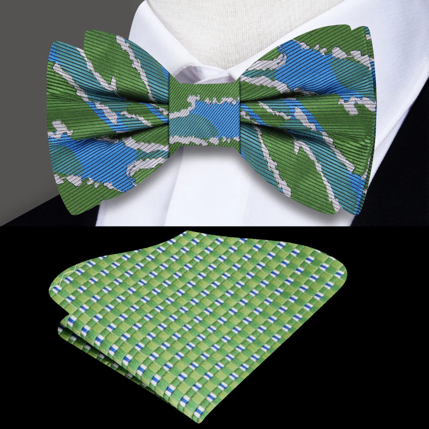 Blue Green Abstract Galápagos Bow Tie and Accenting Pocket Square