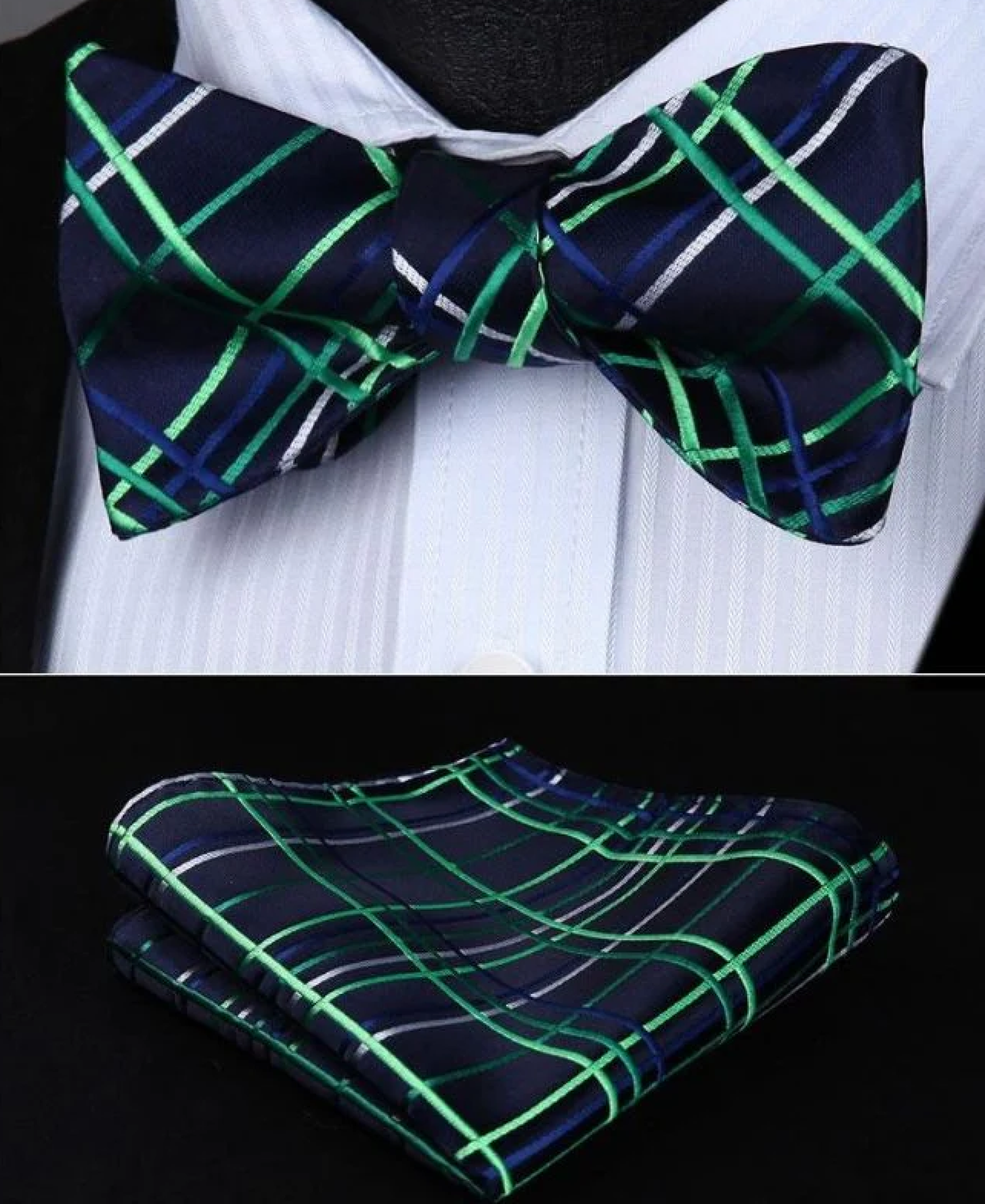 Main View: A Dark Blue, Green Plaid Pattern Silk Self Tie Bow Tie, With Matching Pocket Square