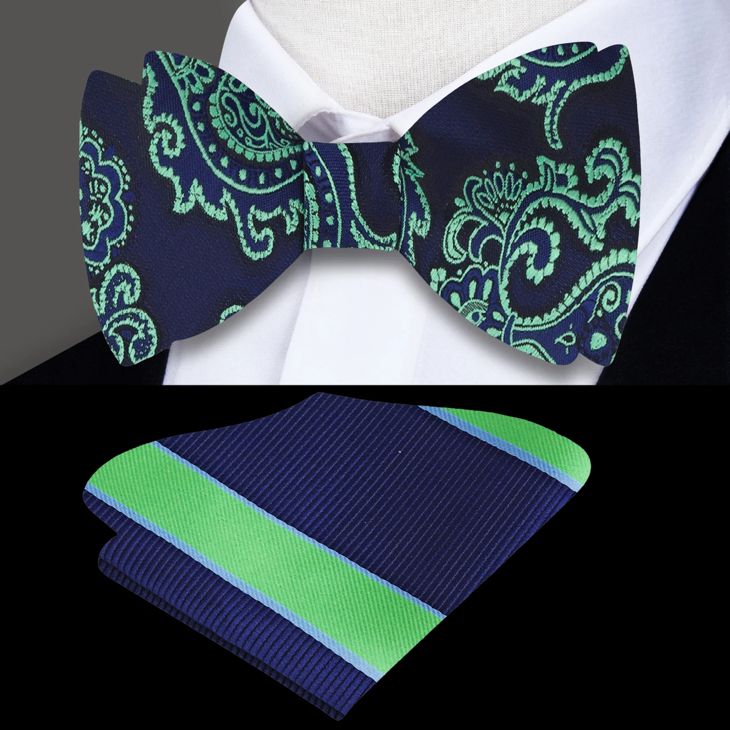 A Dark Blue, Green Detailed Paisley Pattern Silk Self Tie Bow Tie, Accenting Pocket Square