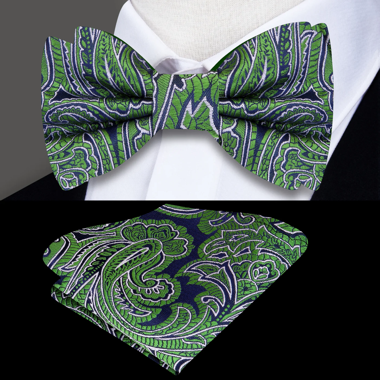 Main: A Blue, Green Intricate Floral and Paisley Pattern Silk Self Tie Bow Tie, Matching Pocket Square