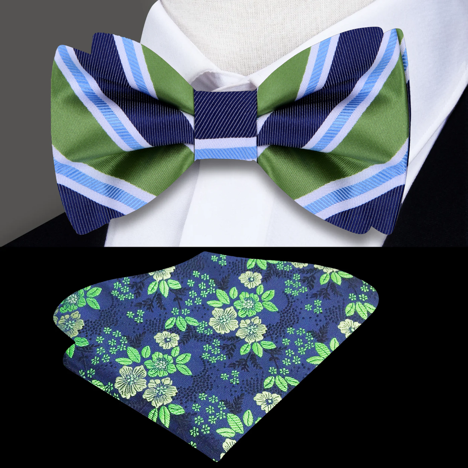 Green, Blue White Stripe Bow Tie and Floral Pocket Square