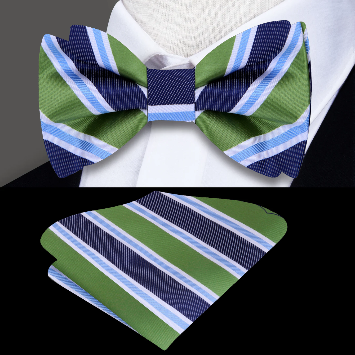 Green, Blue White Stripe Bow Tie and Pocket Square