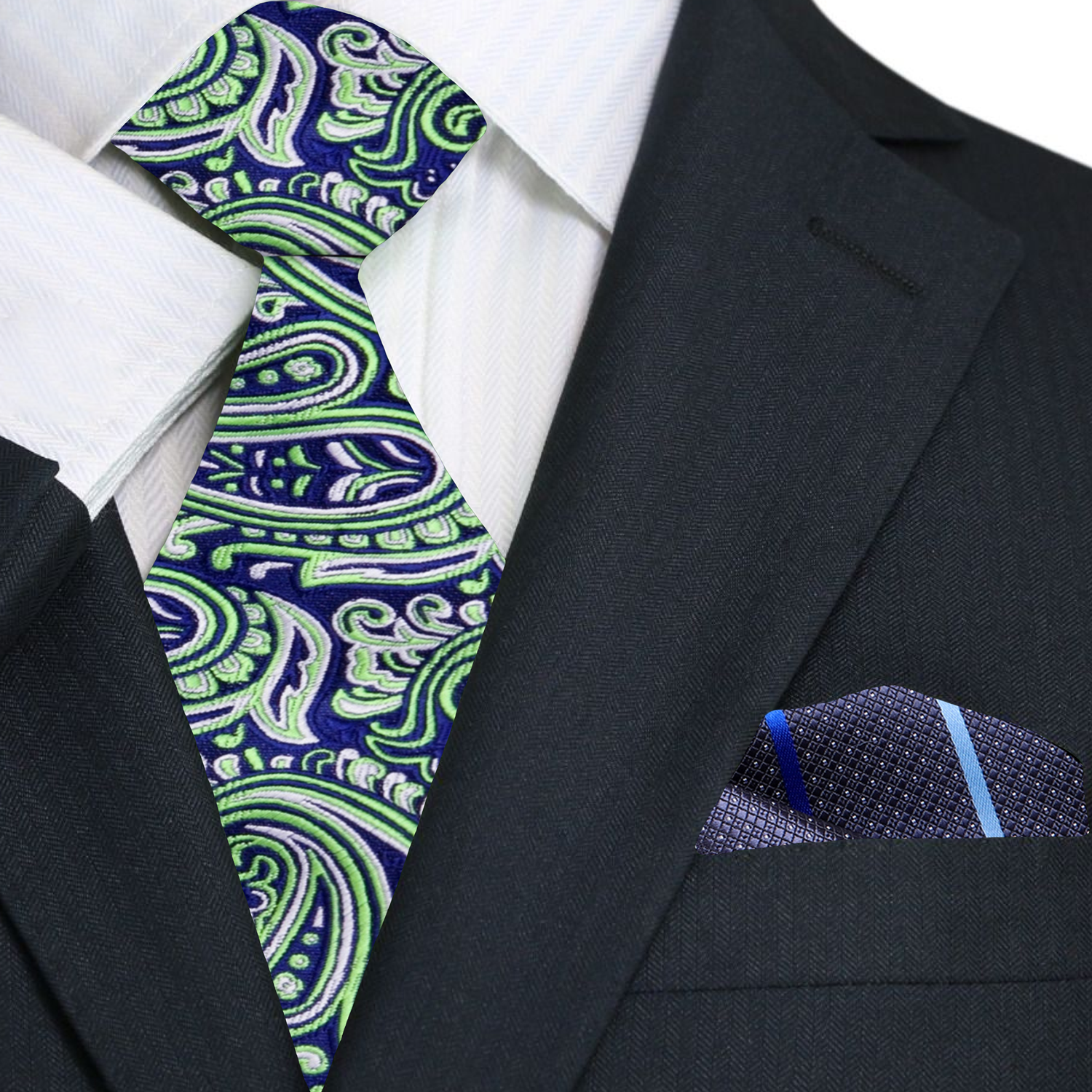 Blue, Green Paisley Necktie and Accenting Square