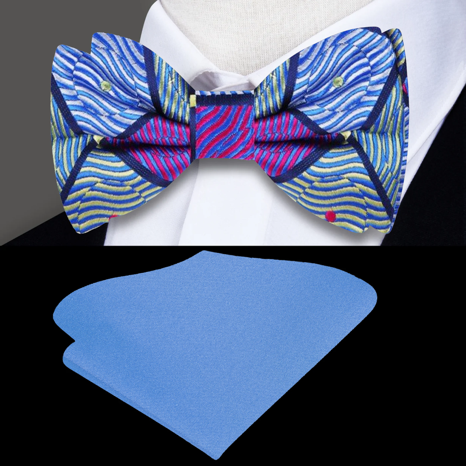 Blue, Green, Purple Geometric Bow Tie and Blue Square