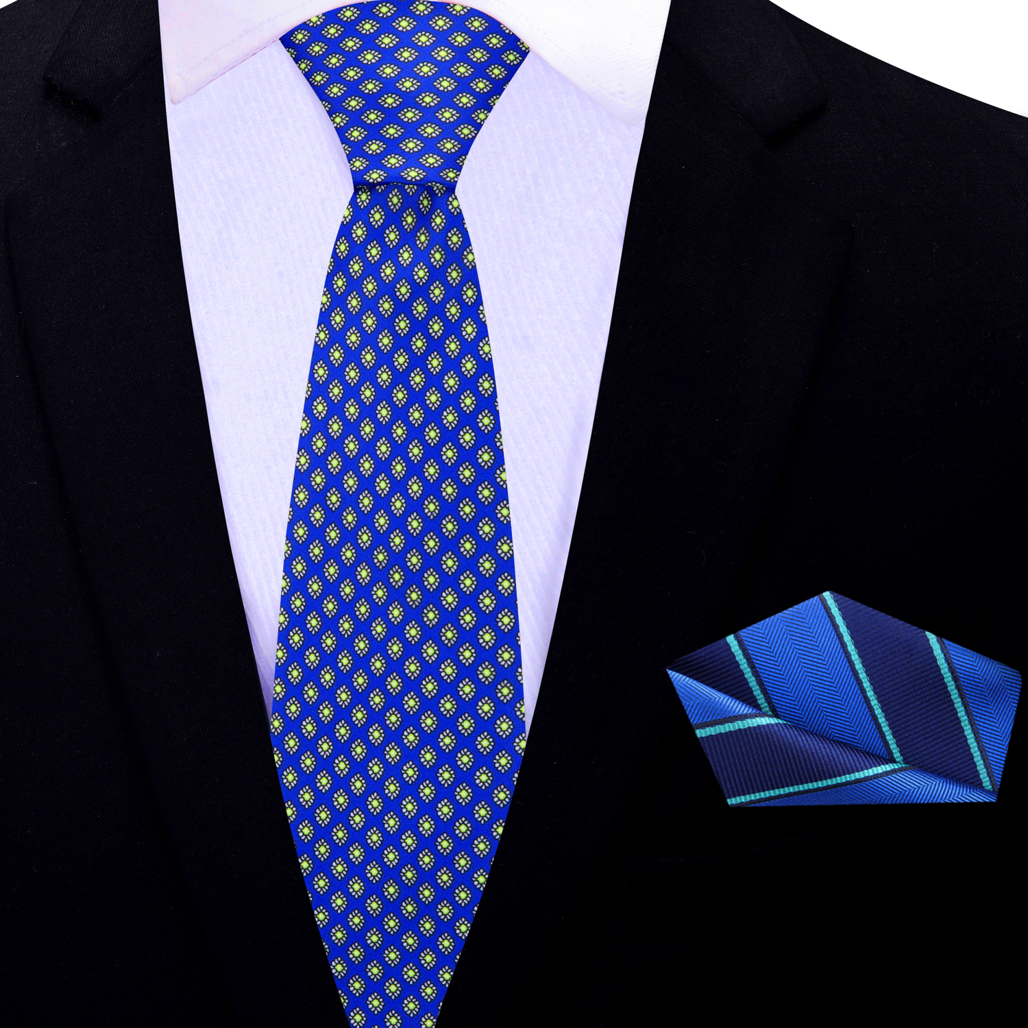 Thin Tie: Blue, Lime Small Medallions Necktie and Accenting Square