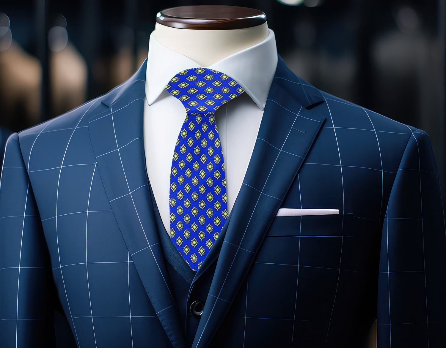On Mannequin: Blue, Lime Small Medallions Necktie