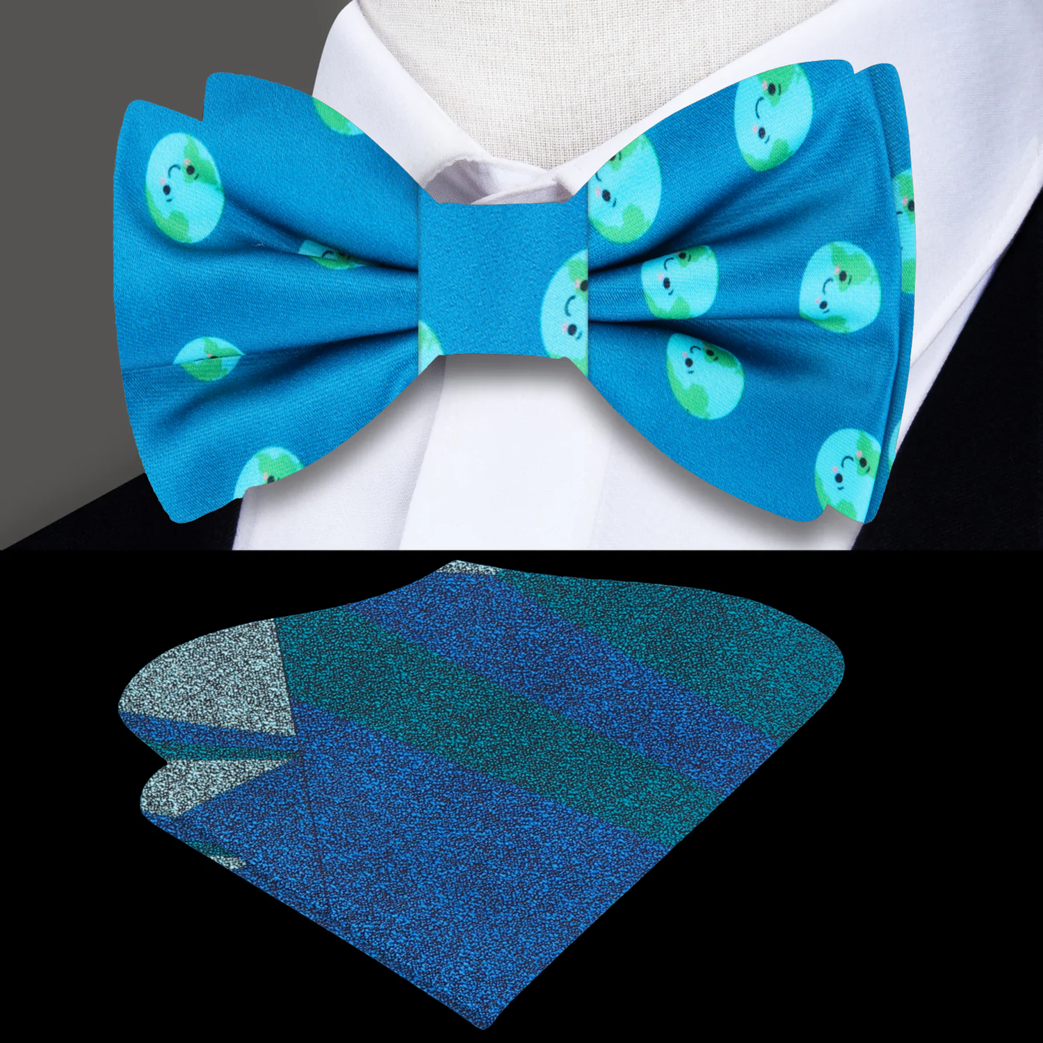 Light Blue, Green Earth Day Bow Tie and Accenting Square