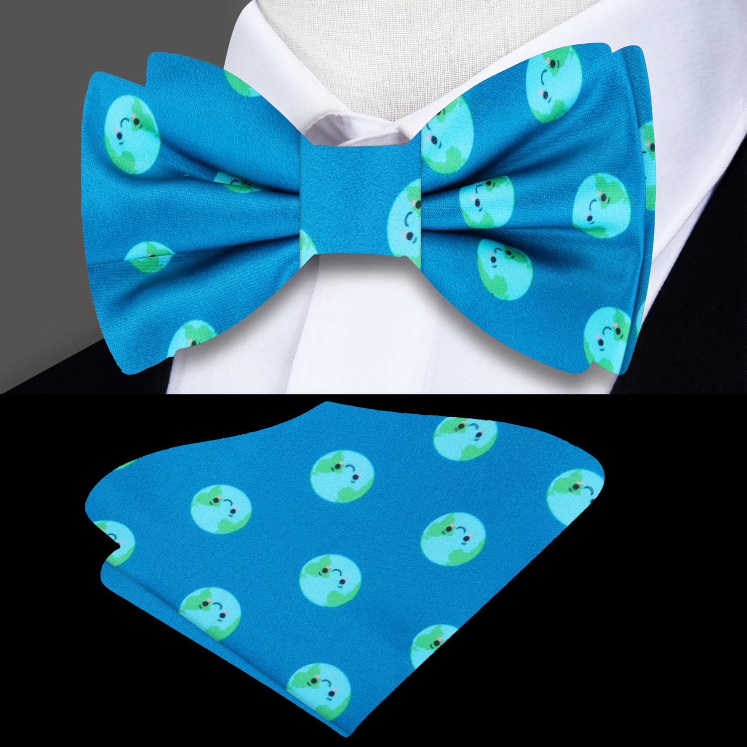 Light Blue, Green Earth Day Bow Tie and Square