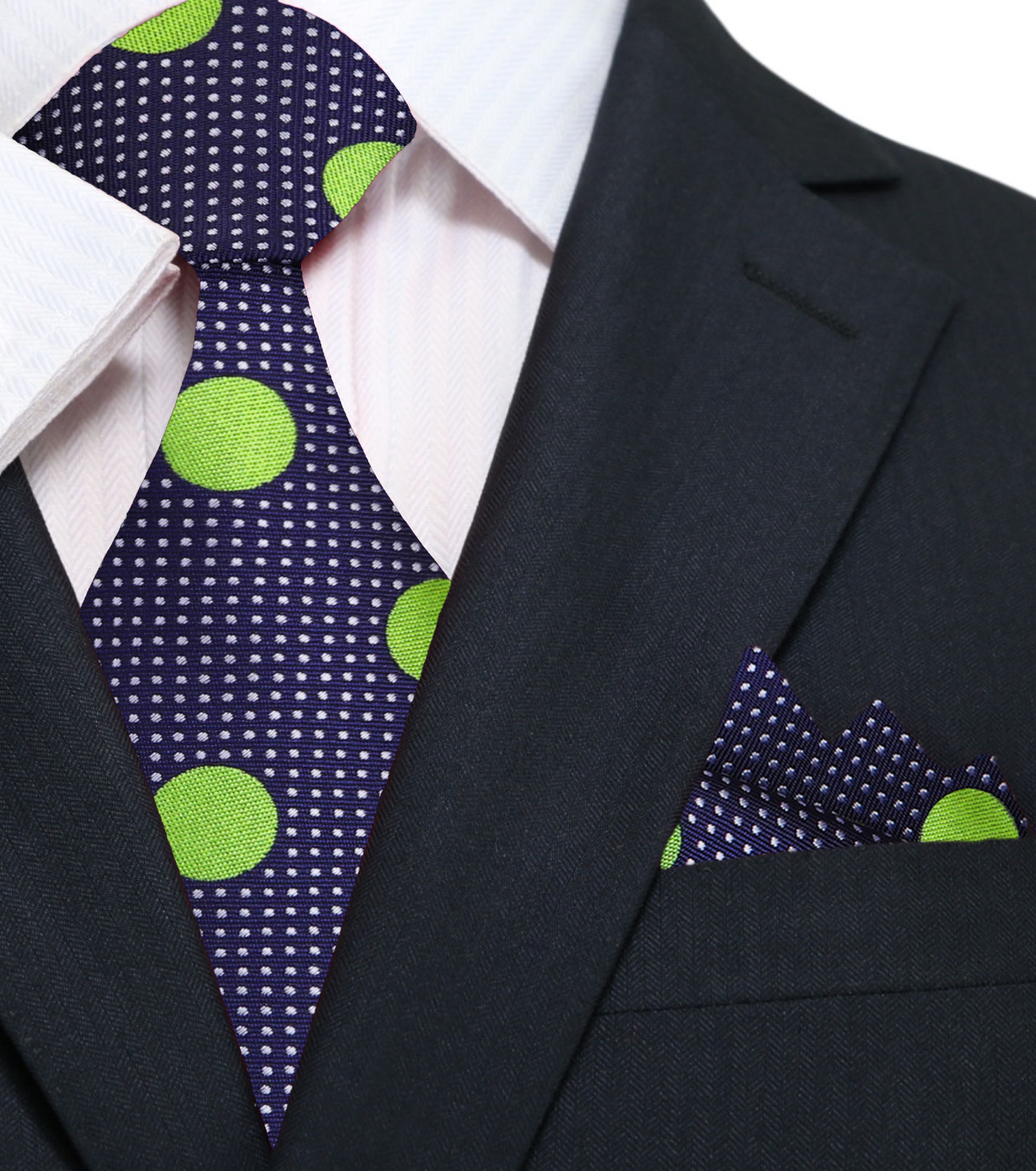 Main: A Dark Blue, Green Dots Pattern Silk Necktie, Matching Pocket Square