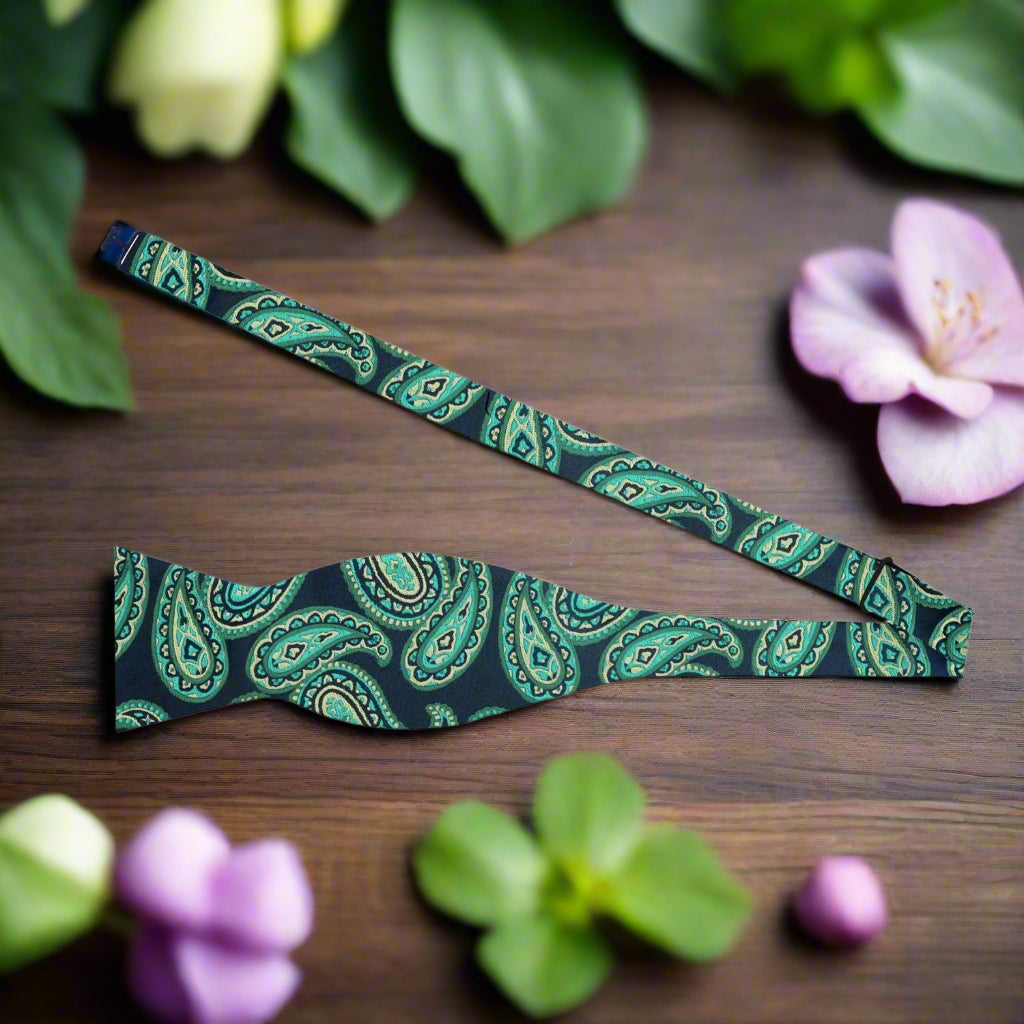 A Dark Blue, Teal Paisley Pattern Silk Self Tie Bow Tie 