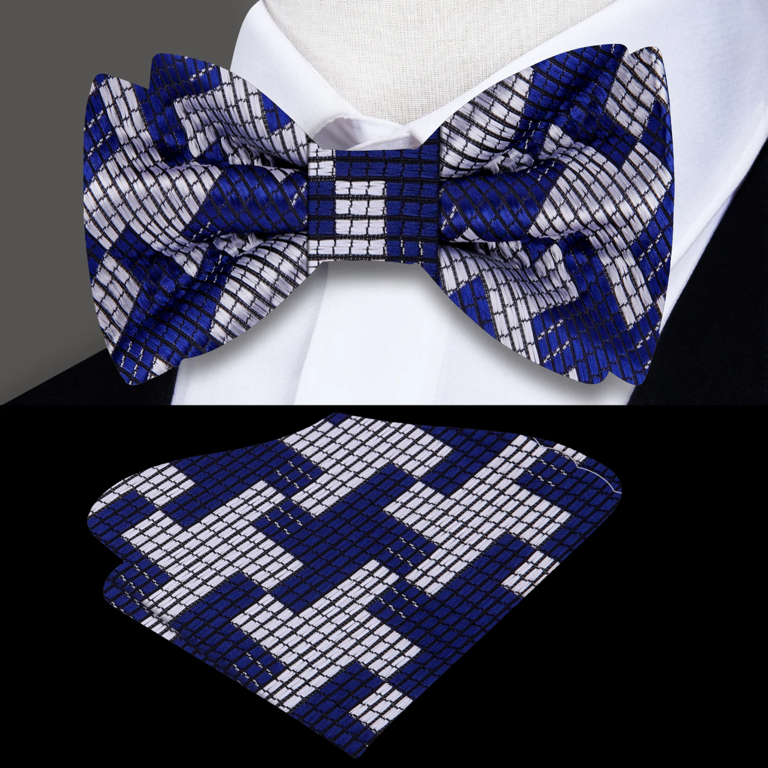 Blue Grey Houndstooth Bow Tie and Pocket Square||Blue