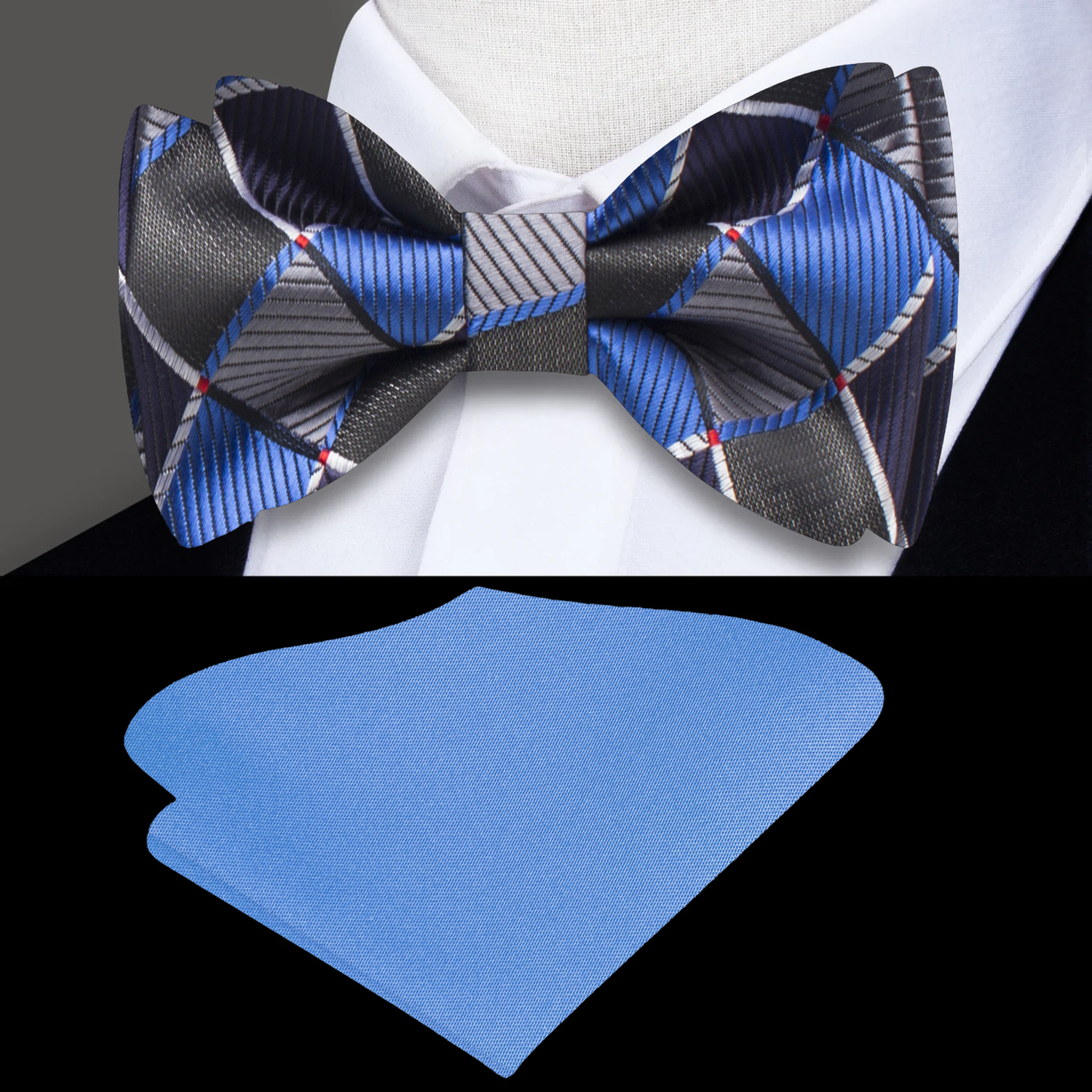 Grey, Blue, Black Geometric Blocks Bow Tie and Blue Pocket Square