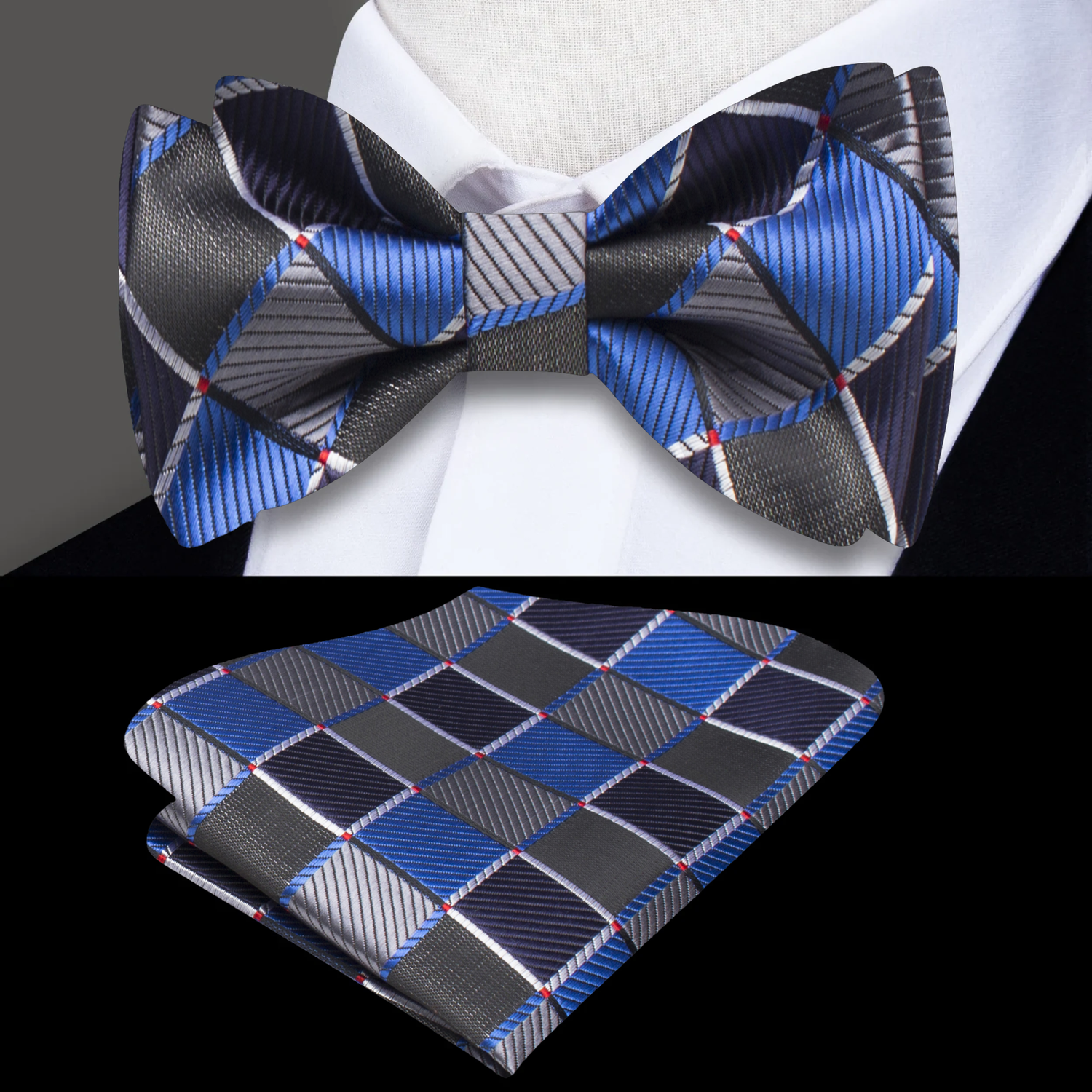 Main: Grey, Blue, Black Geometric Blocks Bow Tie and Pocket Square