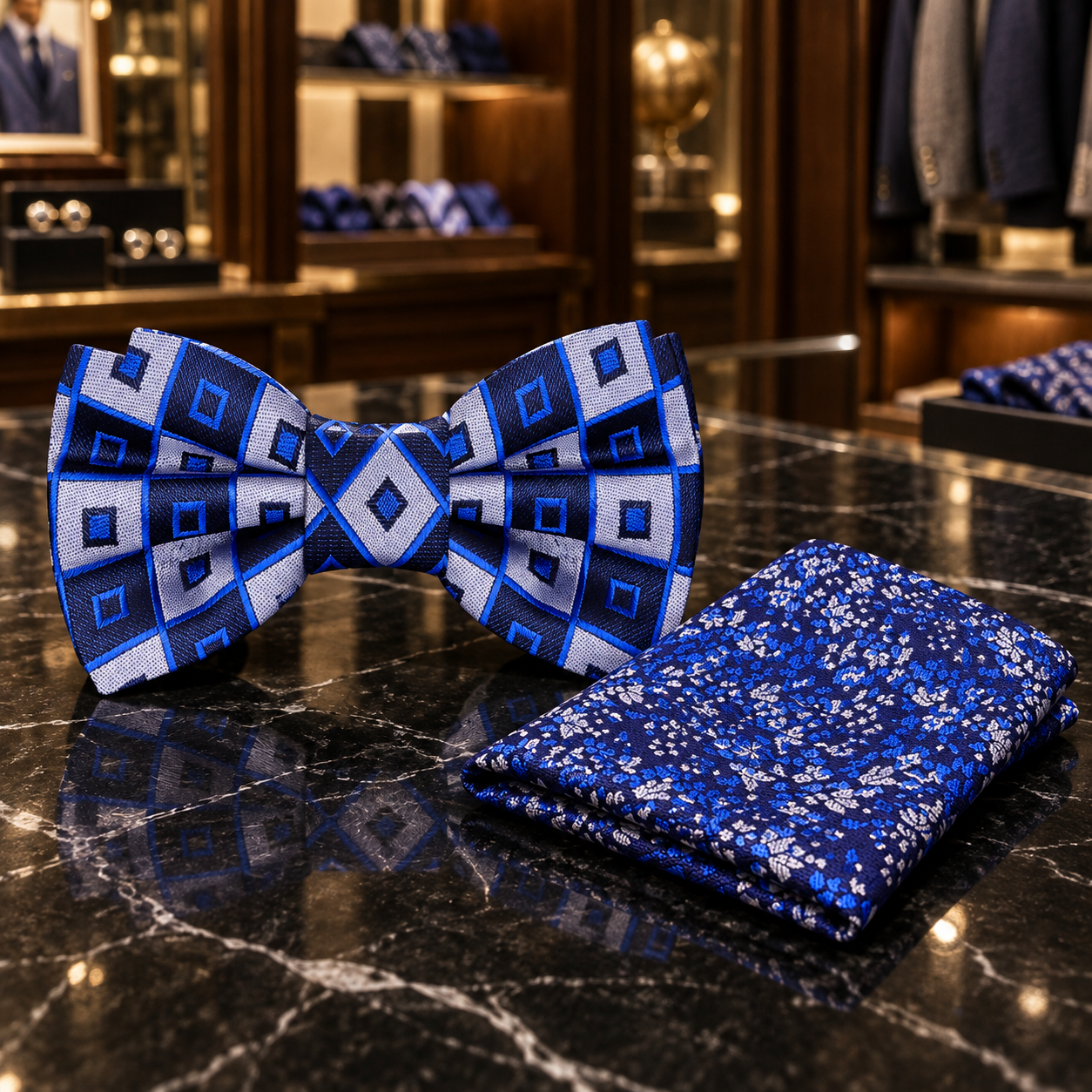 blue blocks bowtie and accenting square on marble