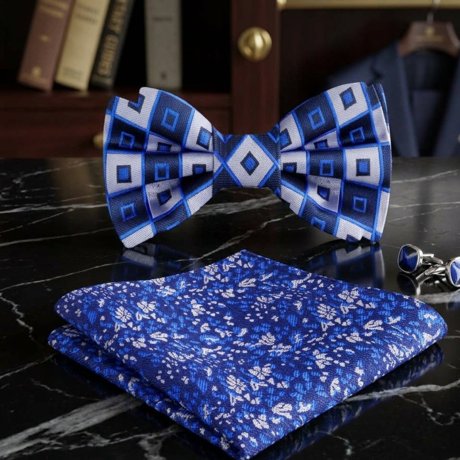 blue Blocks bow tie and Accenting square