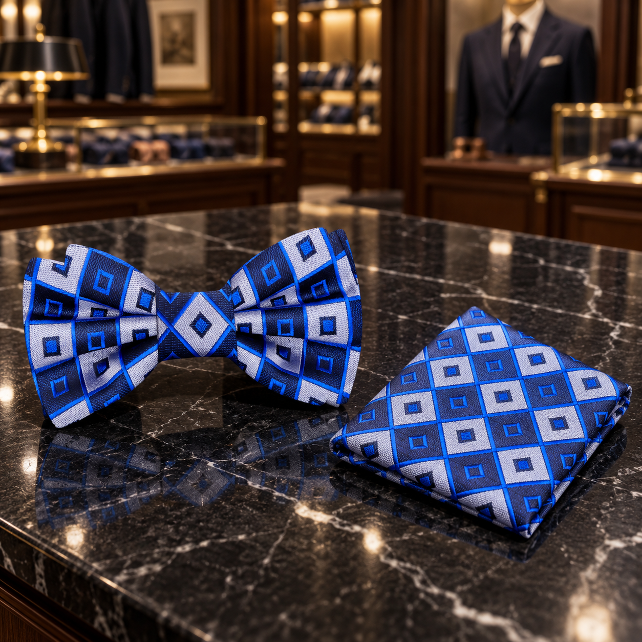 Geometric Blocks Bow Tie | Navy Blue, Black & Silver