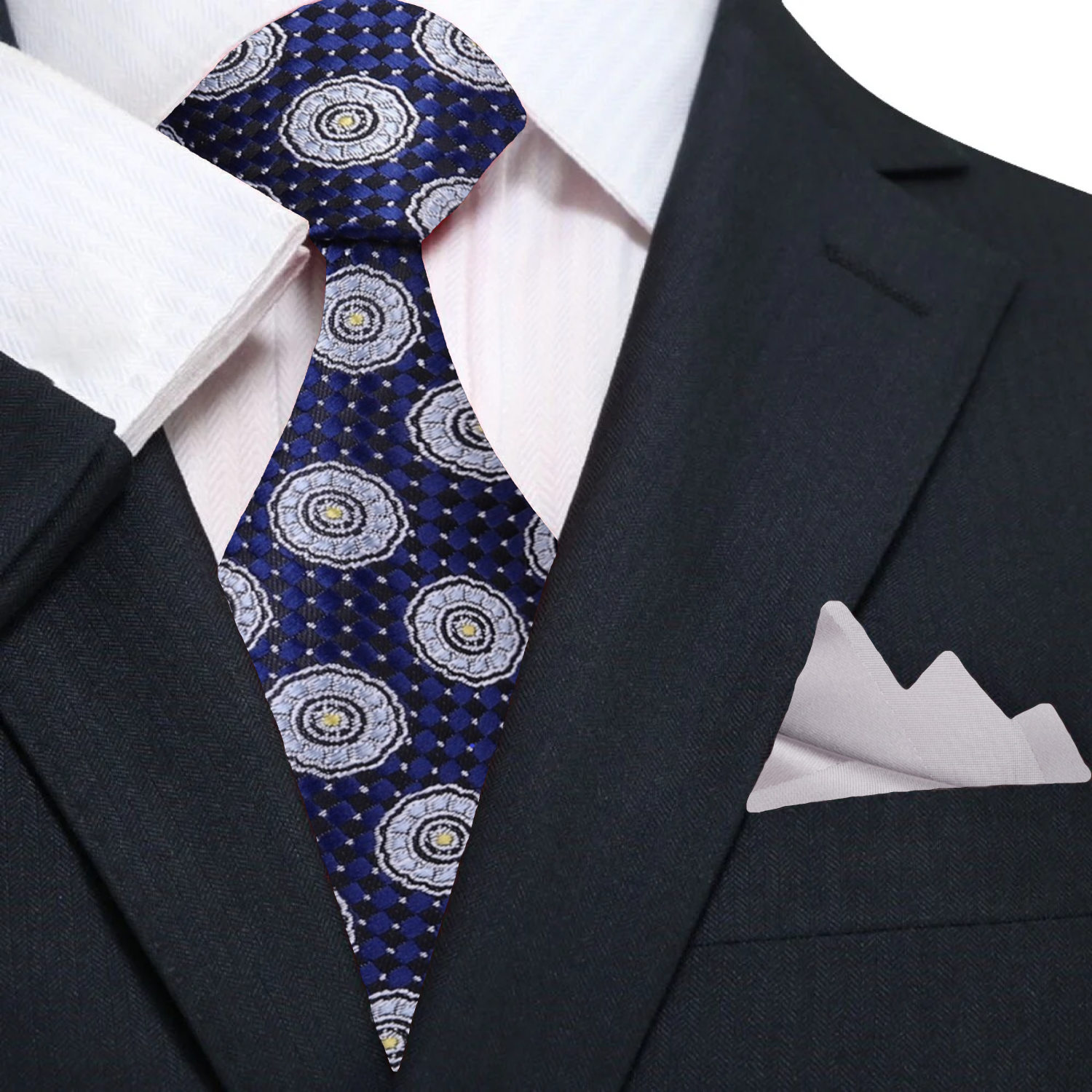 Main Blue, Grey Circles Necktie and Accenting Grey Square