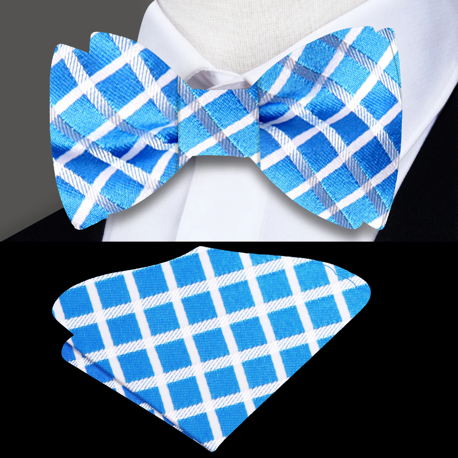 Main: A Light Blue, White Geometric Diamonds Pattern Silk Self Tie Bow Tie, Matching Pocket Square