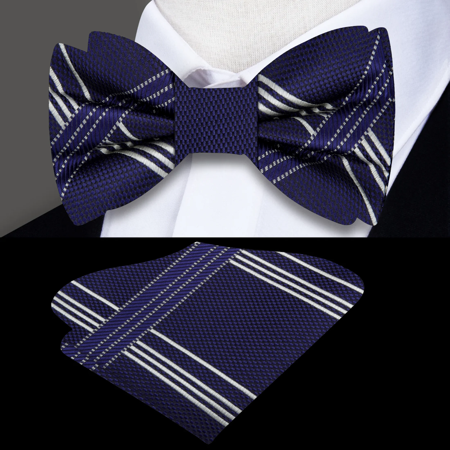 Blue, Grey Intersecting Lines Bow Tie and Pocket Square