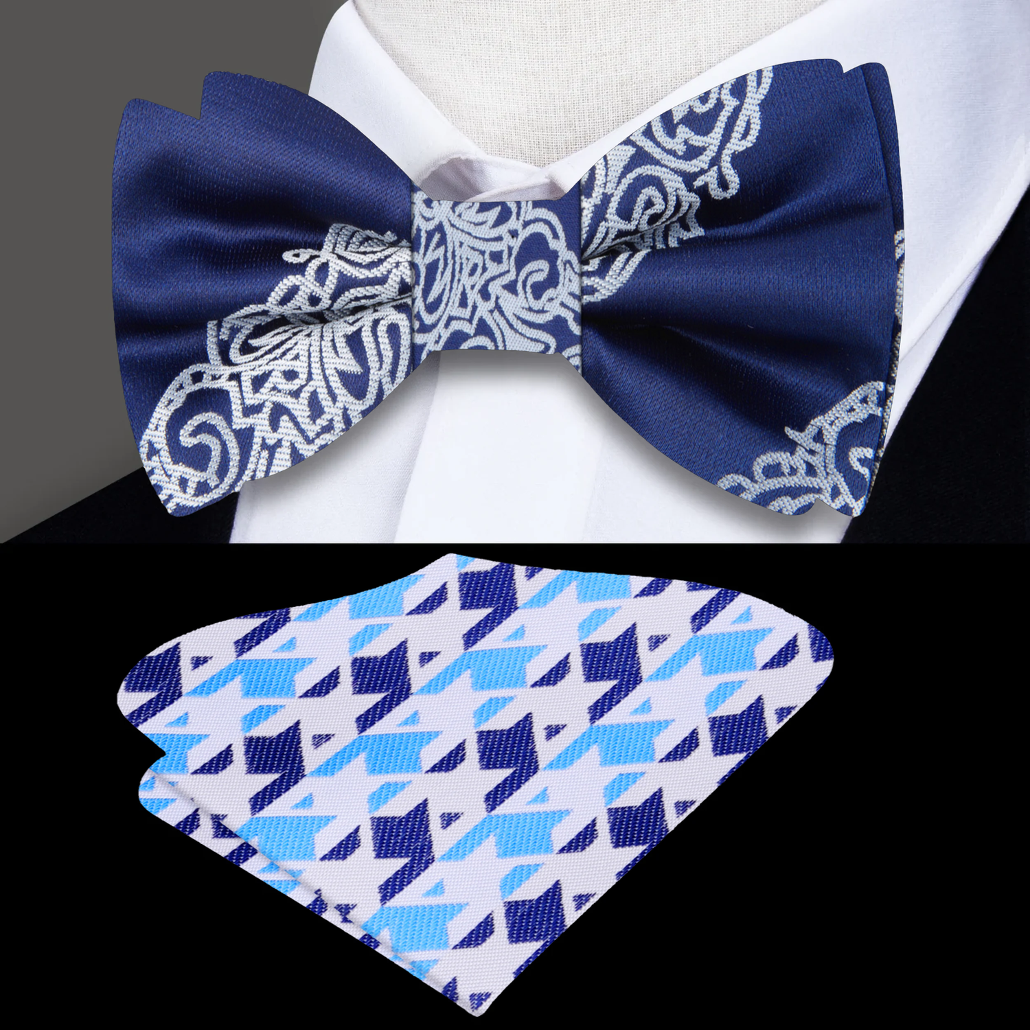 Blue Grey Prosper Bow Tie and Accenting Pocket Square