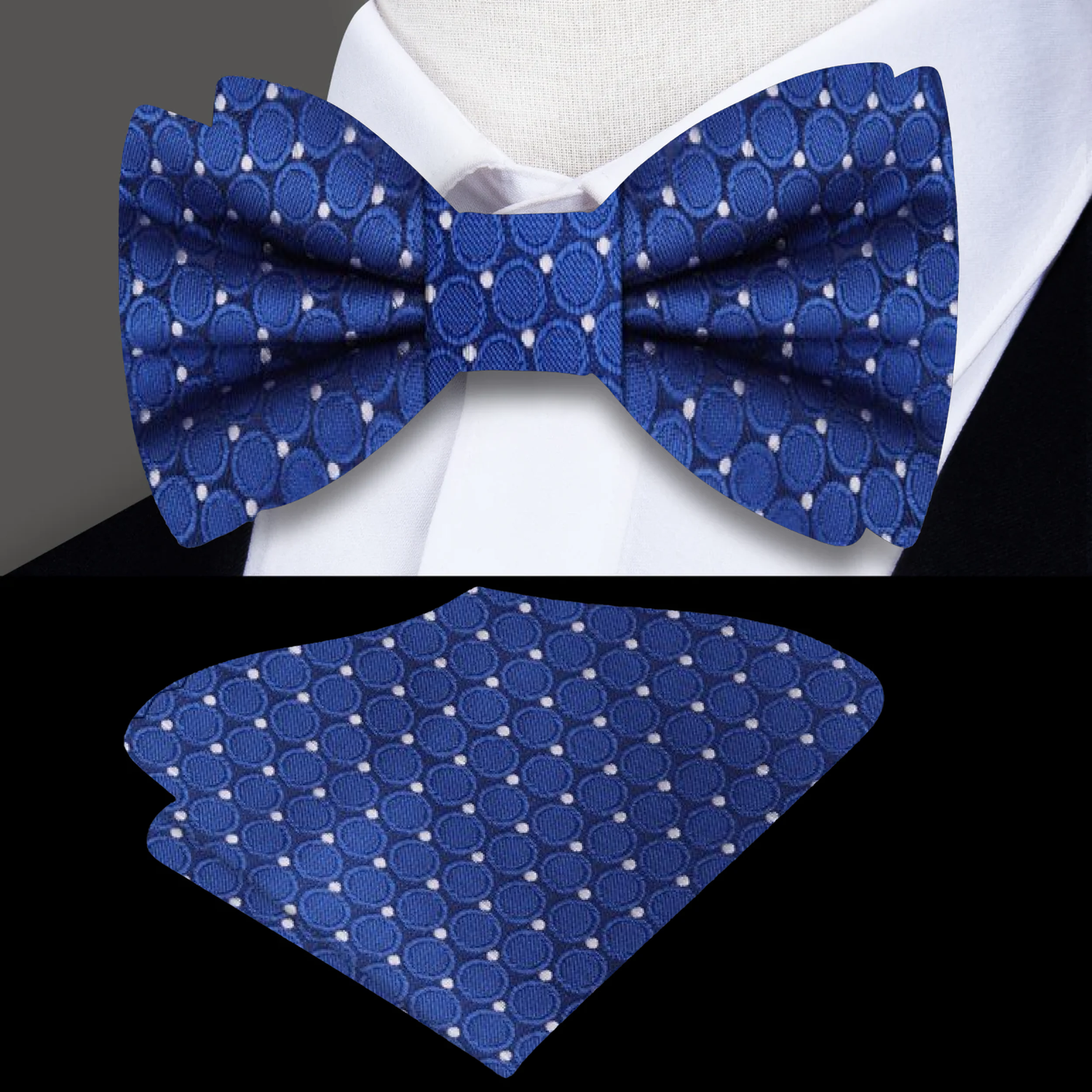 Blue, White Circles Bow Tie and Pocket Square||Blue