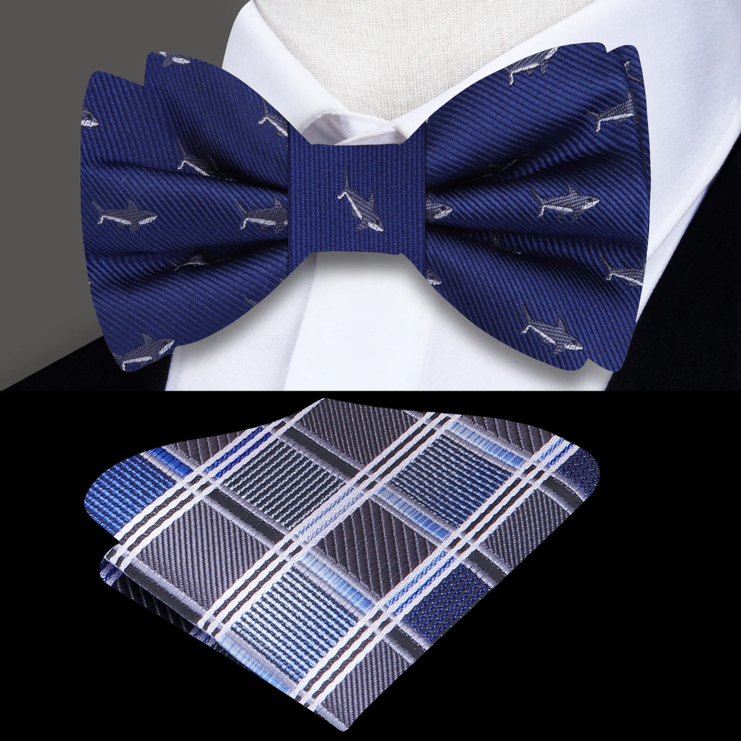 Blue Grey Light Grey Sharks Bow Tie and Accenting Plaid Square