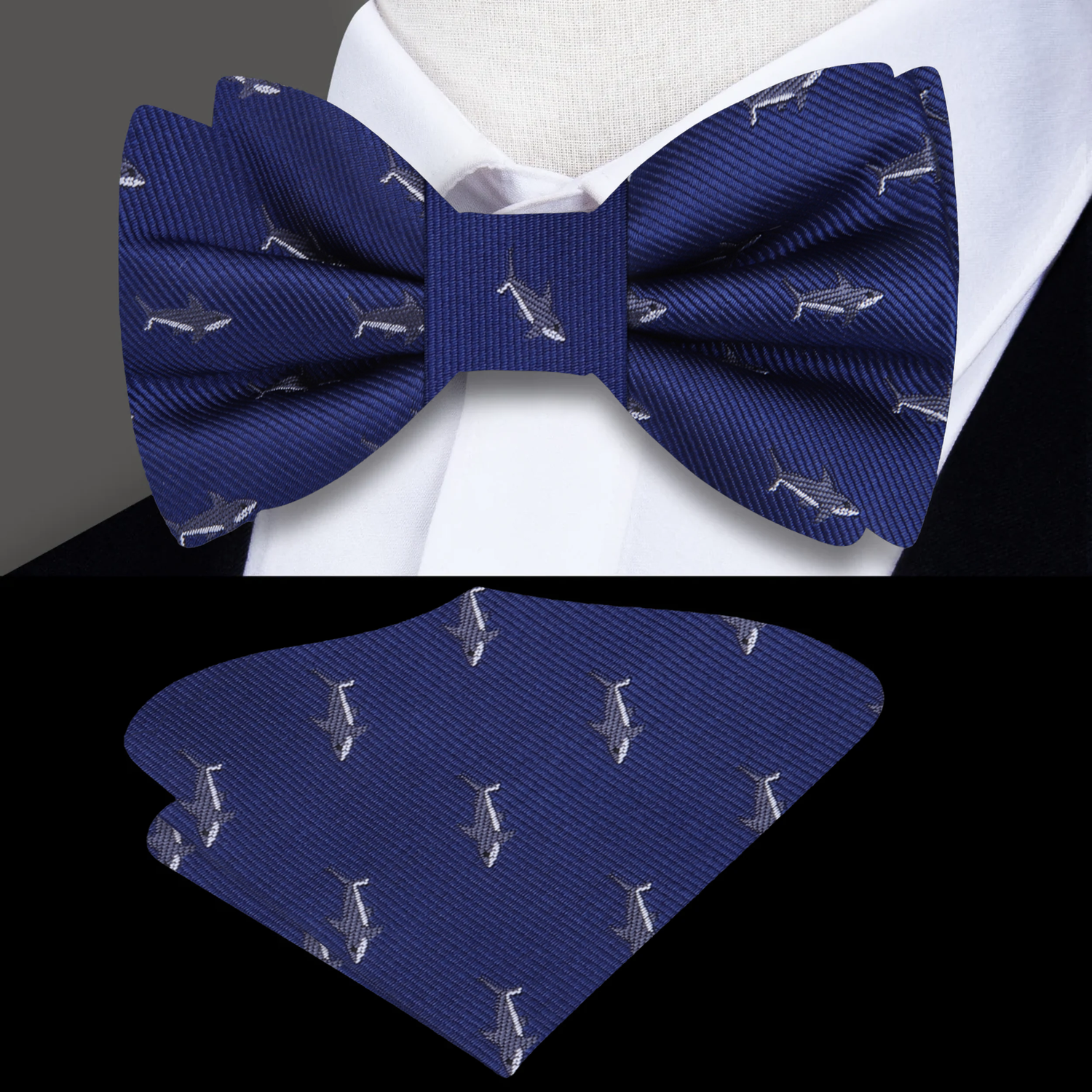 Blue Grey Light Grey Sharks Bow Tie and Square