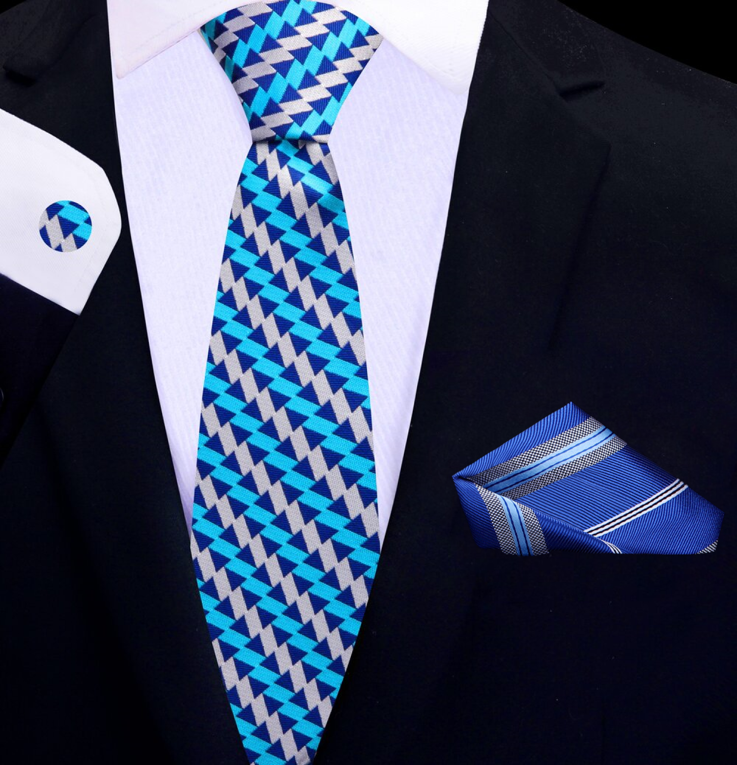 Thin  Blue, Light Blue, Grey Abstract The Peaks Tie and Accenting Pocket Square