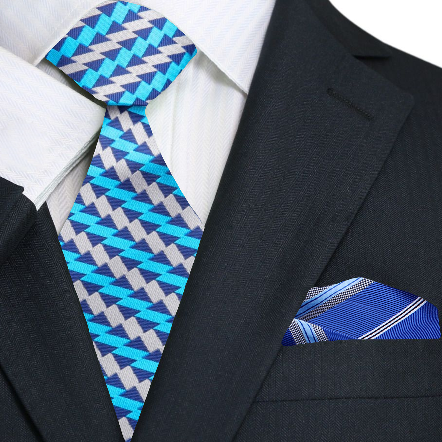  Blue, Light Blue, Grey Abstract The Peaks Tie and Accenting Pocket Square