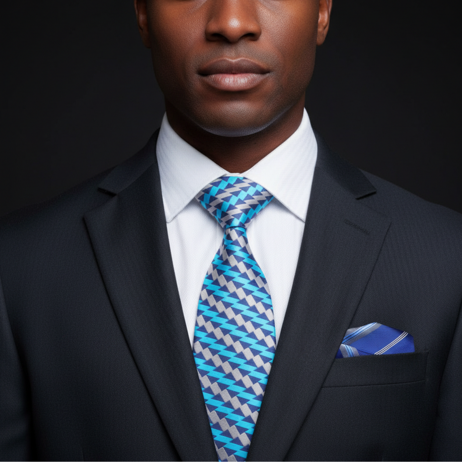 Man wearing a dark suit with a blue and gray patterned tie and pocket square on a black background