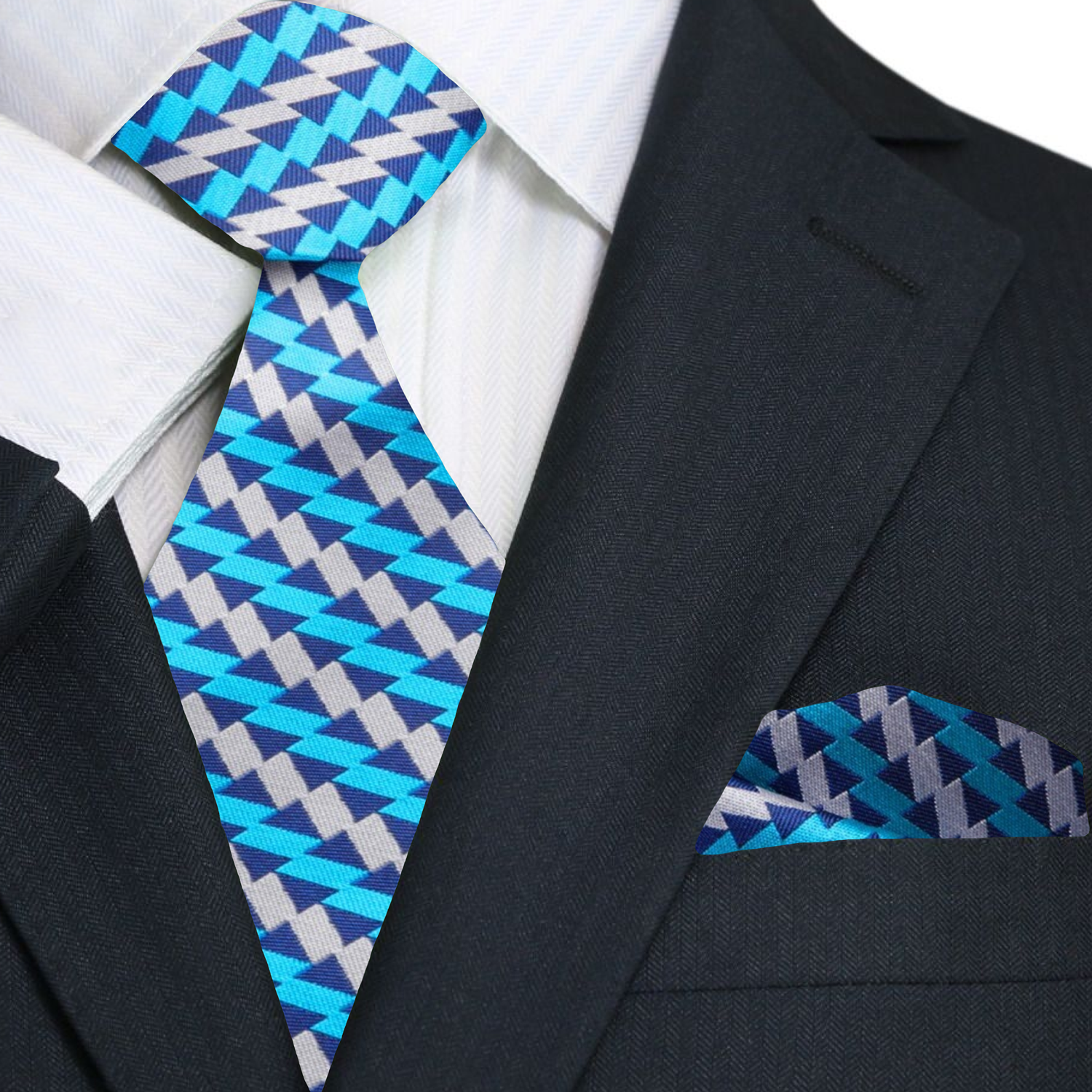 Premium  Blue, Light Blue, Grey Abstract The Peaks Tie and Pocket Square