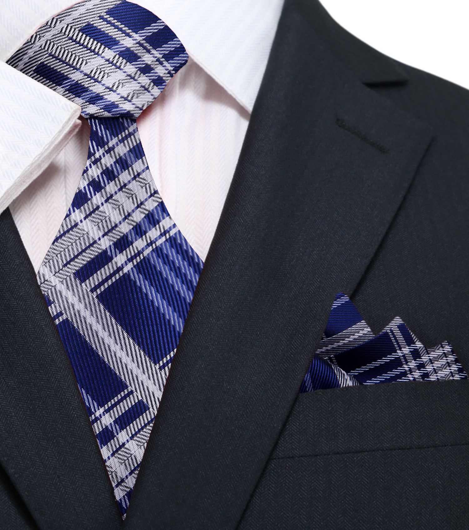 A Blue, Grey Plaid Pattern Silk Necktie, Matching Pocket Square
