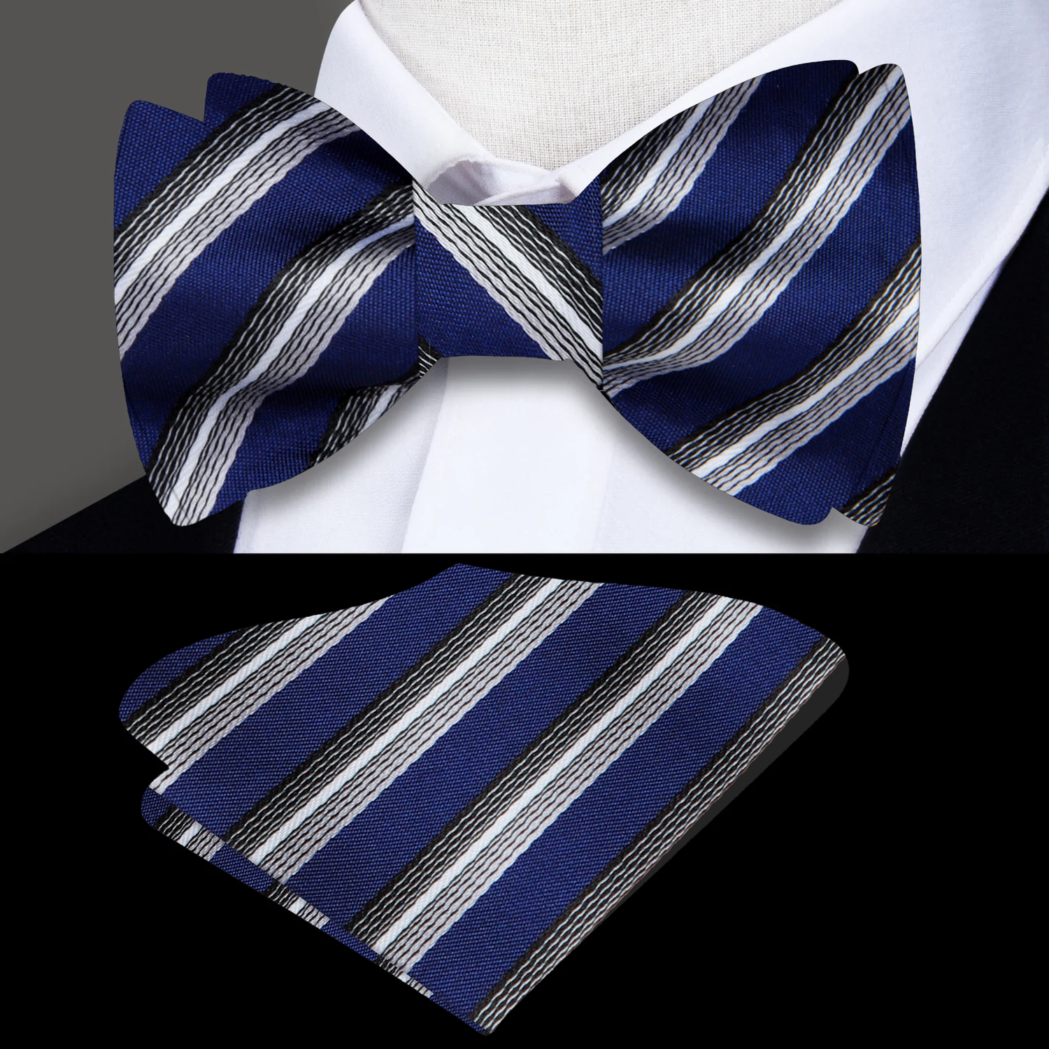 Main: Blue Grey and Black Platinum Stripe Bow Tie and Square