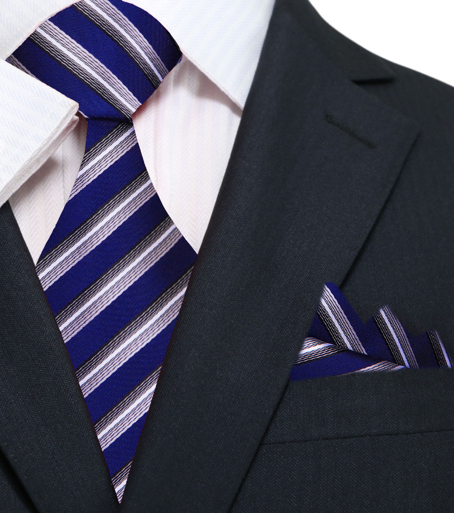 Main: Blue, Grey Stripe Tie and Pocket Square