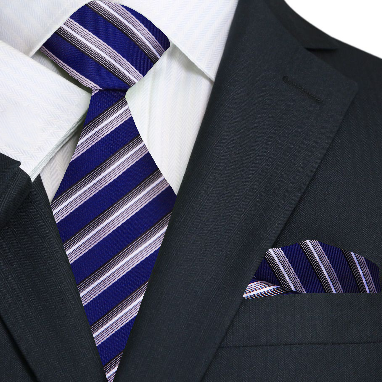 Main: Blue, Grey Stripe Tie and Pocket Square