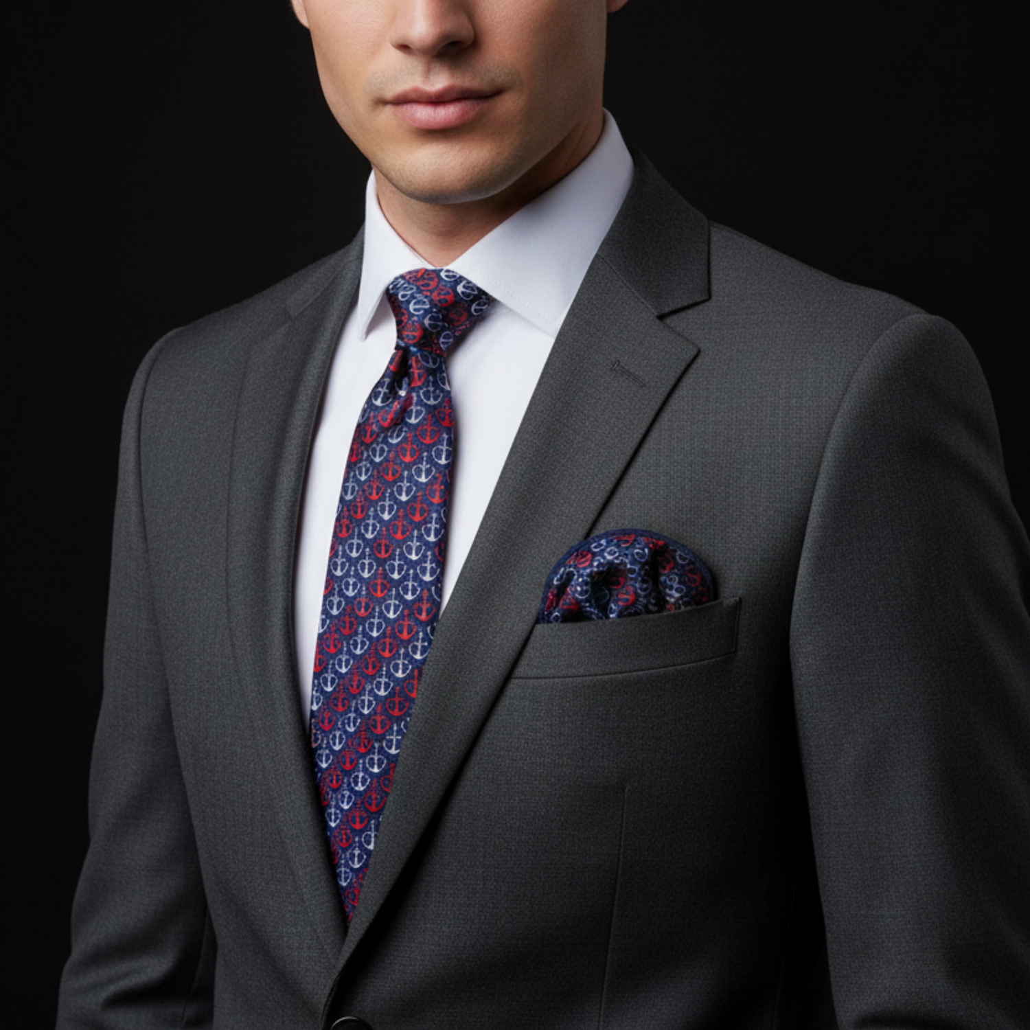 Man wearing a gray suit with a patterned tie and pocket square on a black background