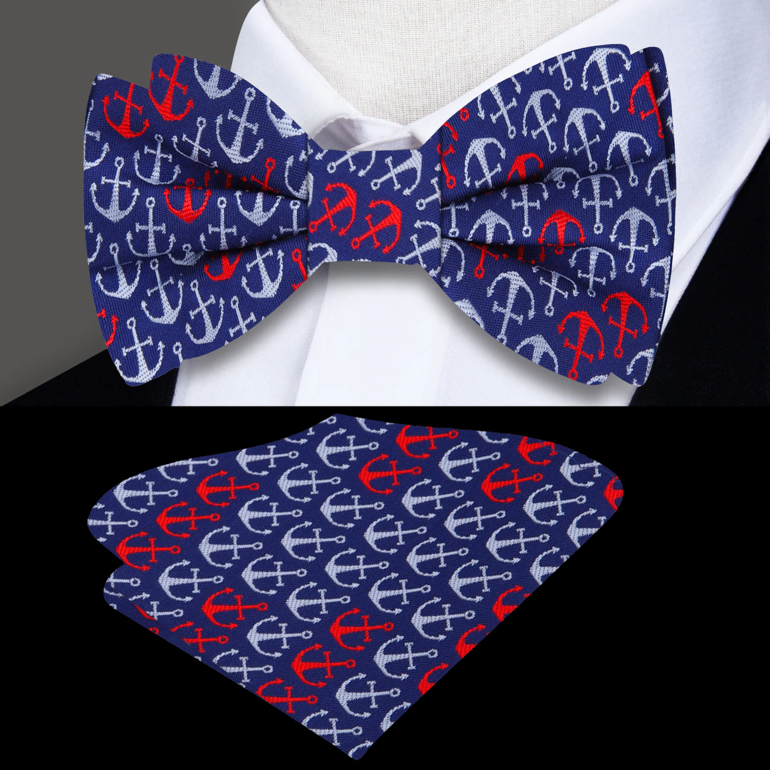Blue, Red, Grey Anchors Bow Tie And Pocket Square