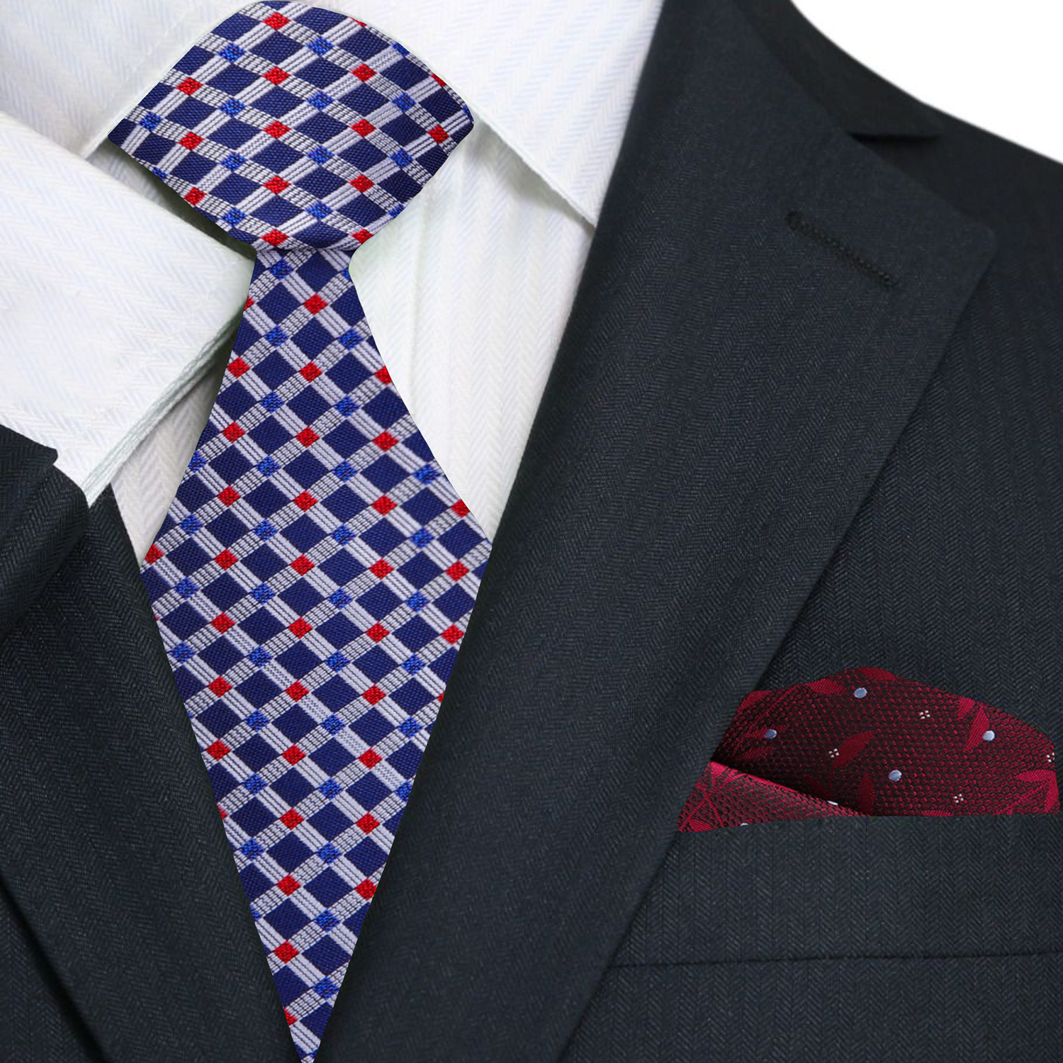 Main: Blue, Red, Grey Check Necktie and Accenting Red Floral Pocket Square