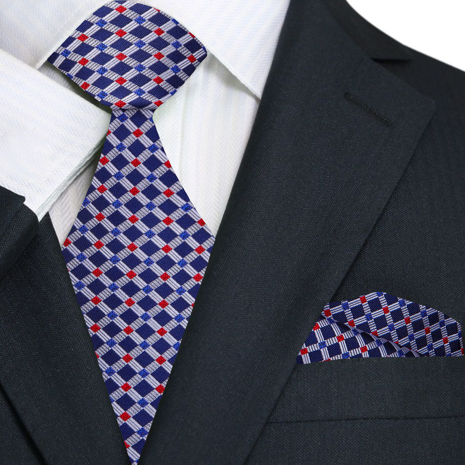 A Red, Blue, Grey Small Geometric Check Pattern Necktie, Matching Pocket Square