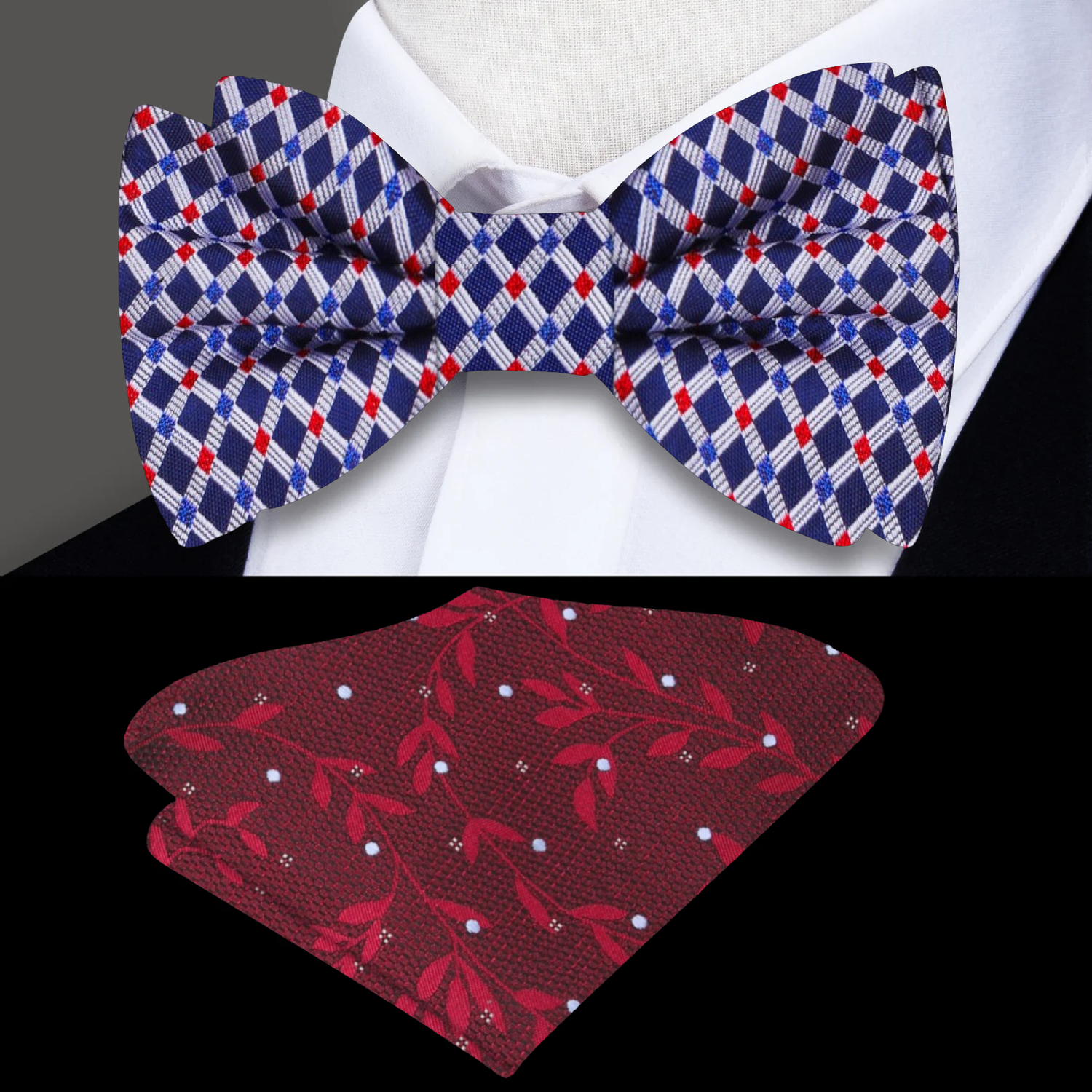 Blue, Red, Grey Geometric Bow Tie and Accenting Deep Red Vine Pocket Square