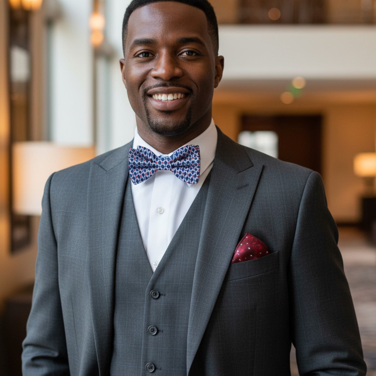 Man in a gray suit with a patterned bow tie and red pocket square, standing in an indoor setting.