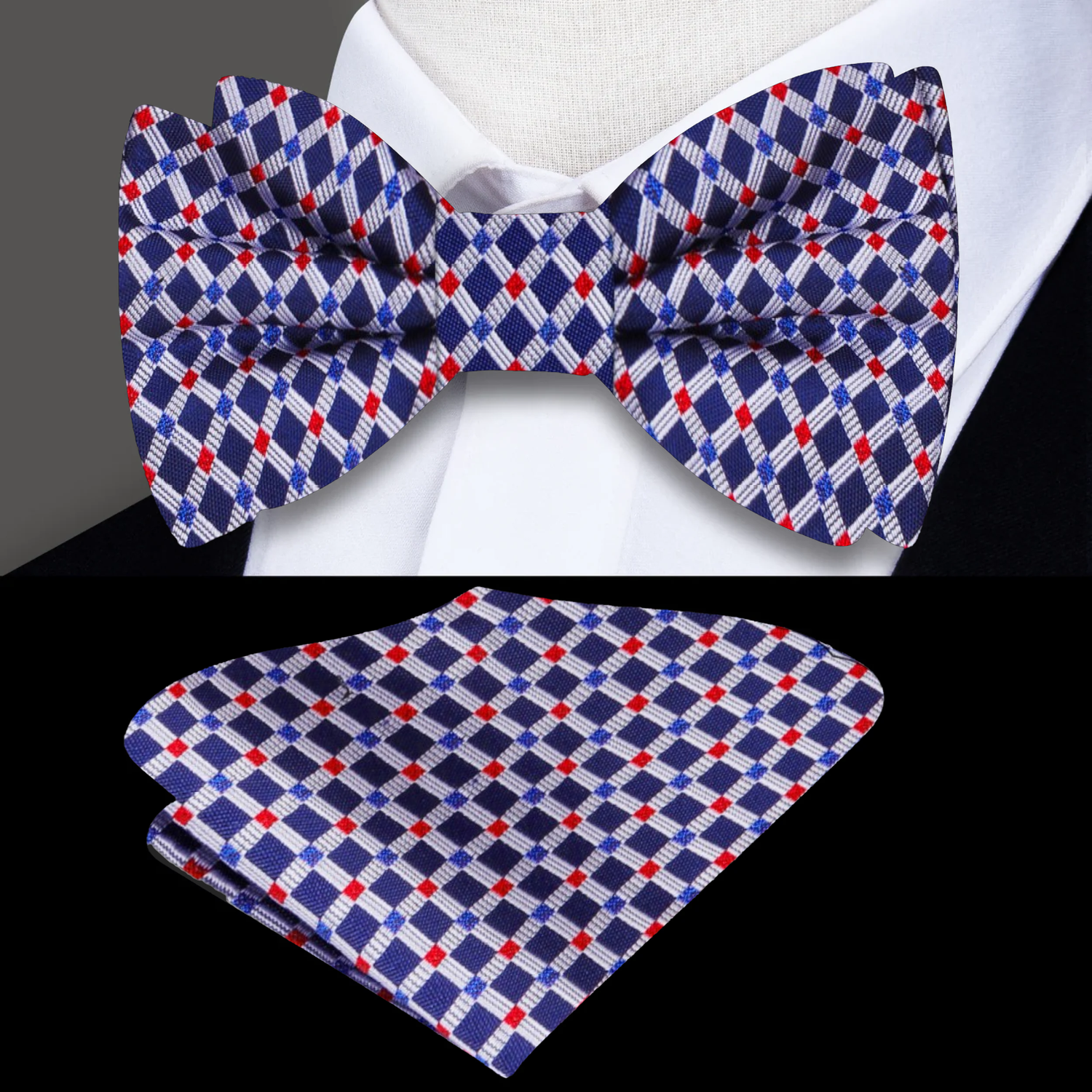 Blue, Red, Grey Geometric Bow Tie and Square