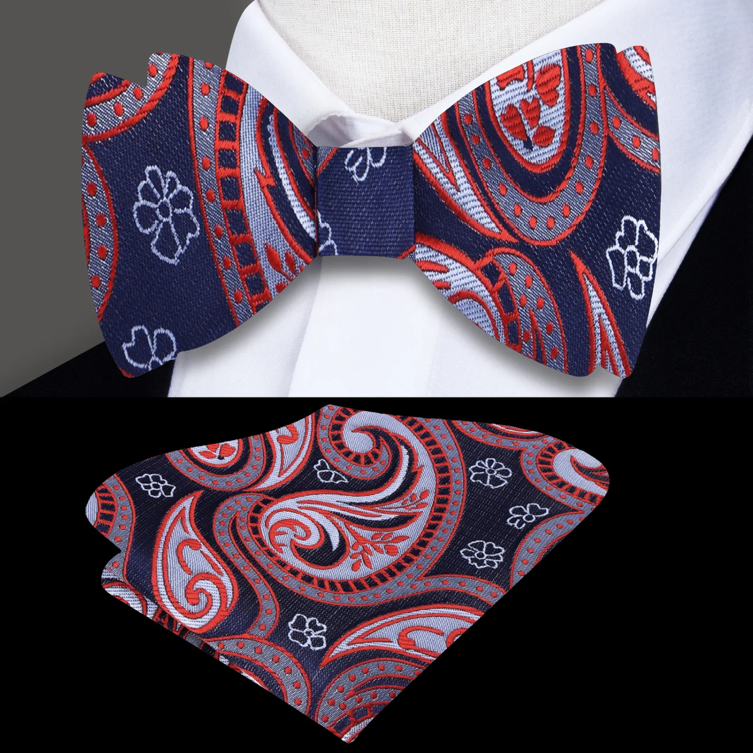A Red, Blue Paisley Pattern Silk Self Tie Bow Tie, Matching Pocket Square