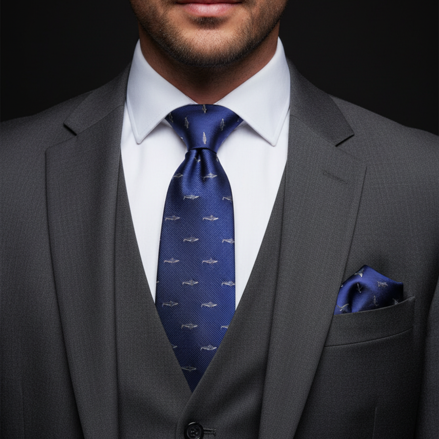 Man wearing a gray suit with a blue tie and pocket square against a black background