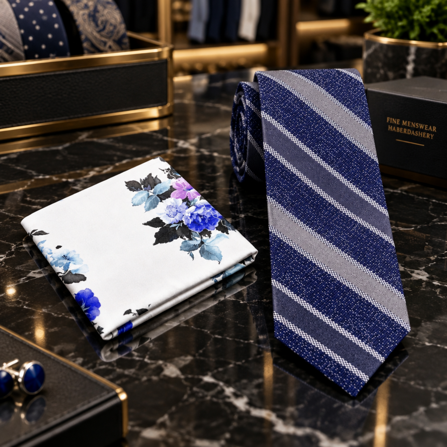 Blue Silver Grey Stripe Tie and Accenting White Blue Floral Square